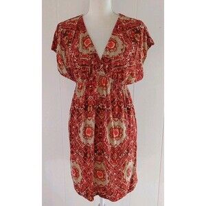 Y2K Babydoll Dress VNeck Orange Red Brown Hippie Festival Short Sleeve Juniors L